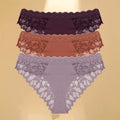 FINETOO 3Pcs Lace Hollow Out Underwear for Women Sexy Low-Waist Floral Briefs Female Invisible Breathable Lingerie Soft Intimate