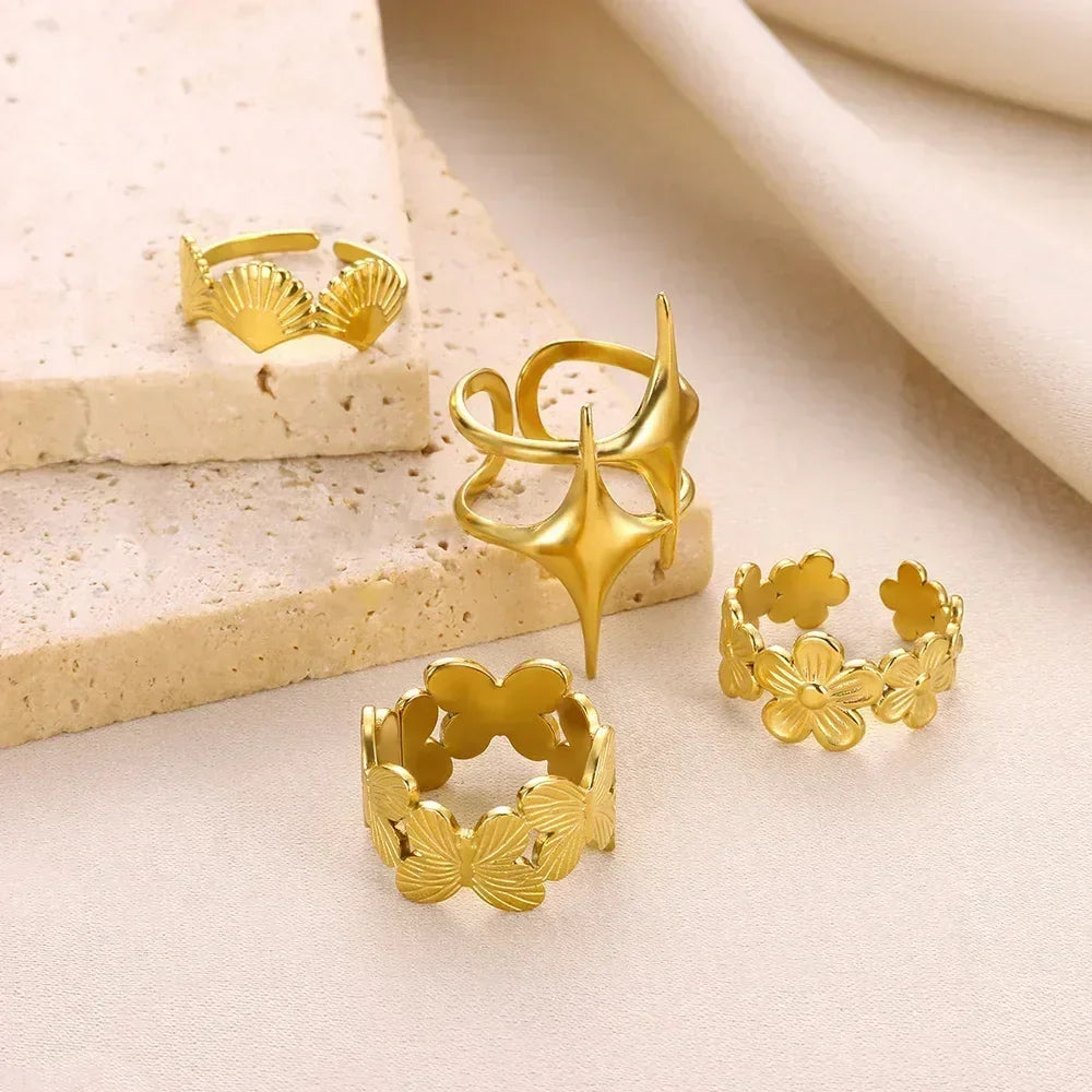 Stainless Steel Flower Open Rings For Women Trend Wedding Heart Jewelry Gold Color Geometric Hollow Ring Daily Accessories Gift