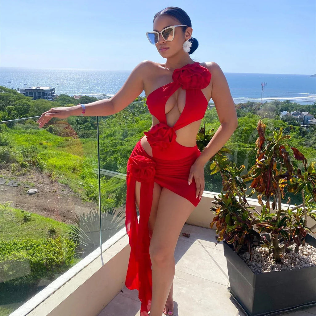 2026 Red Flower Swimsuit With Cover Up Desire Swim Suit Luxury Women Swimwear Sexy Hollow Bikini Beachwear Bodysuit Bathingsuit