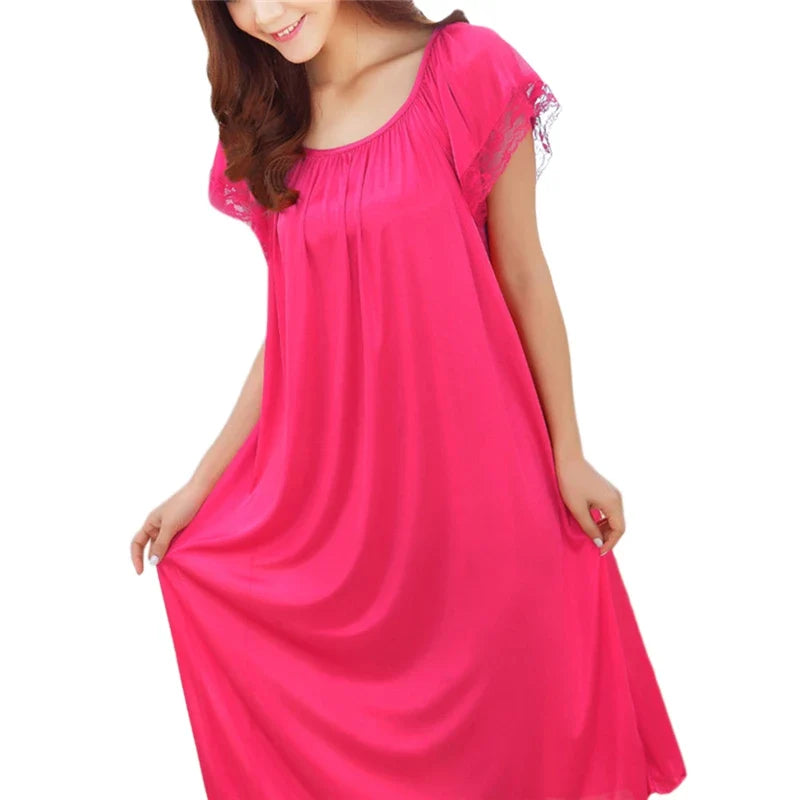 Women Night Gowns Sleepwear Lace Patchwork Nightwear Long Sleeping Dress Casual Ladies Home Dressing