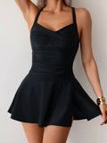 Solid Black Pleated Bikinis One Piece Swimsuit Women Large Size Swimwear Halter Pleate Slim Tummy Control Skirt Monokini 2025