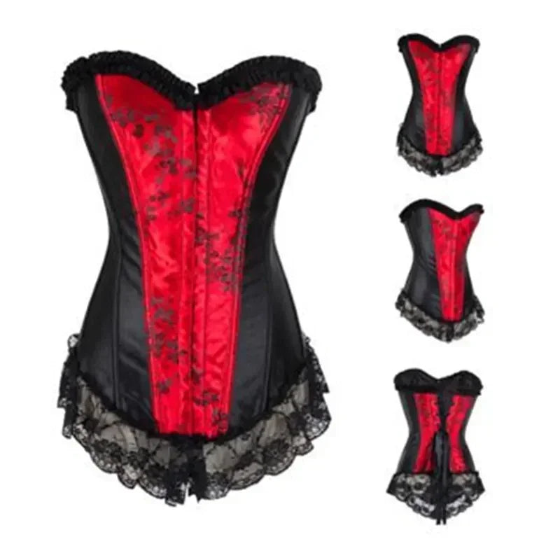 Sexy Lingerie with Garters Sets Women's Lace Hem Overbust Corset Lace Up Zipper Waist Body Shaper Boned Corset Bustier Plus Size