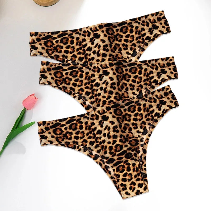 WarmSteps 3Pcs/Set Sexy Leopard Thongs Women's Panties Thongs 2024 New Female Underwear Seamless Printed Panties Ice Silk Briefs