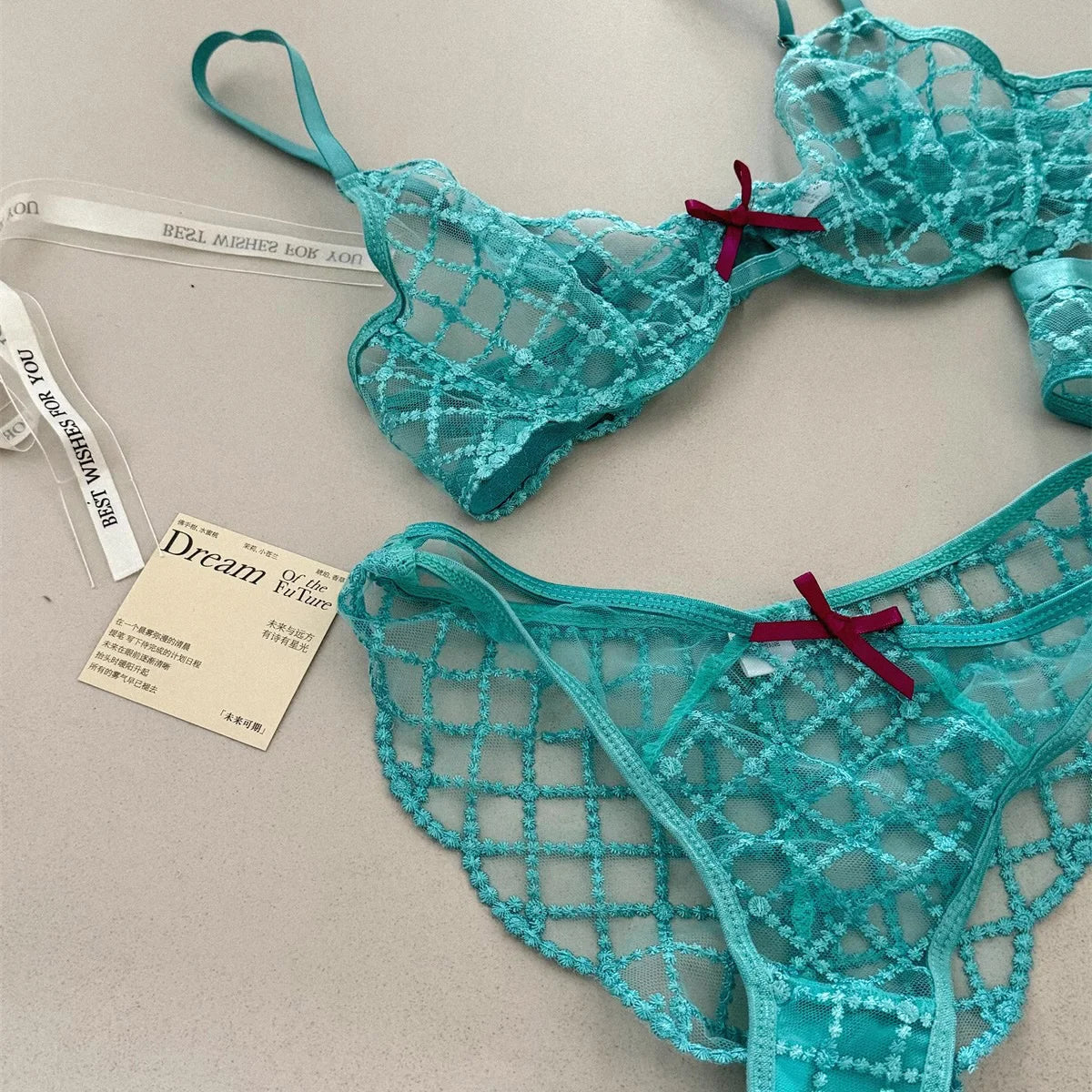 Bra + Panties + Garter, Lace Ultrathin Transparent Push Up Women Sexy Sleep Underwear Sets Lattice Push Up Young Girls Blue
