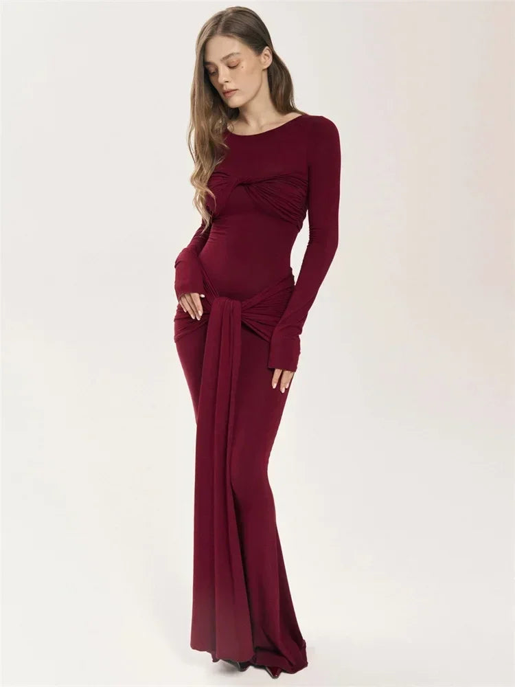 Tossy Female Pleated Sexy Maxi Dress Patchwork Twist Slim Long Sleeve Solid Y2k Autumn Streetwear Dress Women's Bodycon Dress