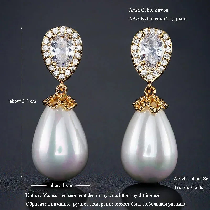 ZAKOL Stylish Teardrop Imitation Pearl Dangle Earrings Water Drop Cubic Zirconia for Women Bridal Earring Wedding Jewelry Bijoux