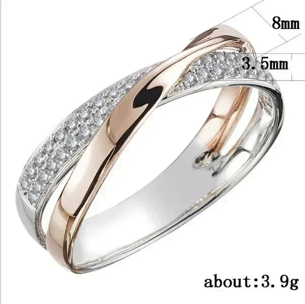 Classic Stainless Steel Two Tone X Shape Cross Ring for Women Wedding Trendy Jewelry Dazzling Zircon Wedding Rings Modern Rings
