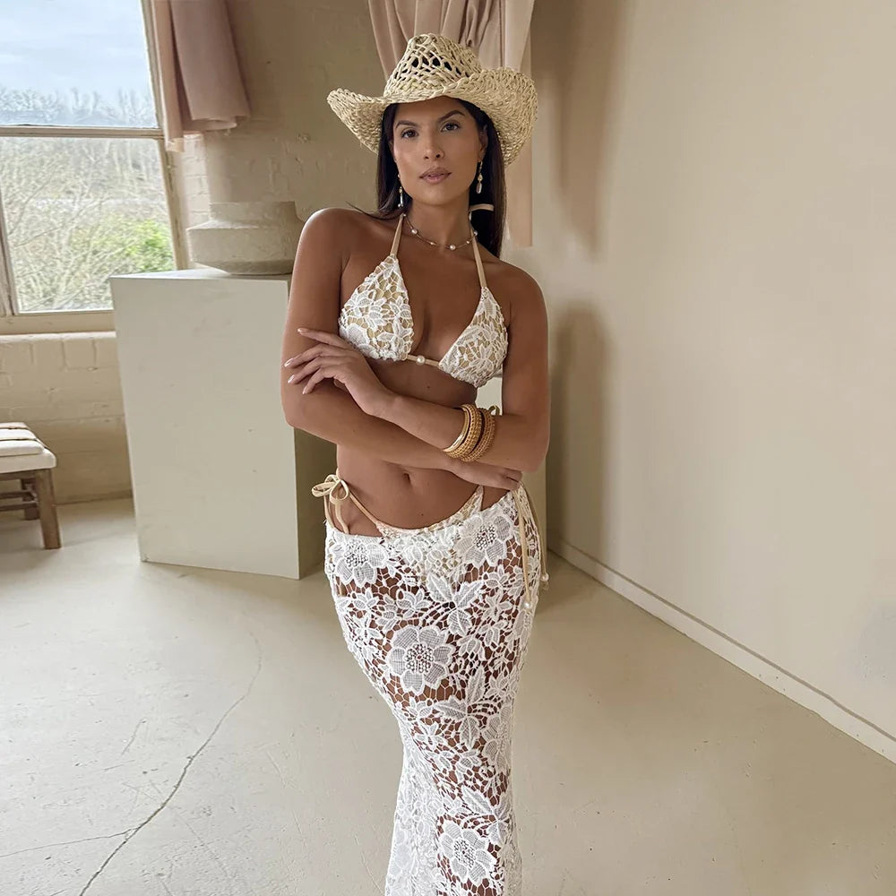 Sexy White Lace 3 Pieces Bikini 2025 Women Swimsuit Swimwear Long Sarong Cover Up Bikini Set Beachwear Bathing Suit Swimming