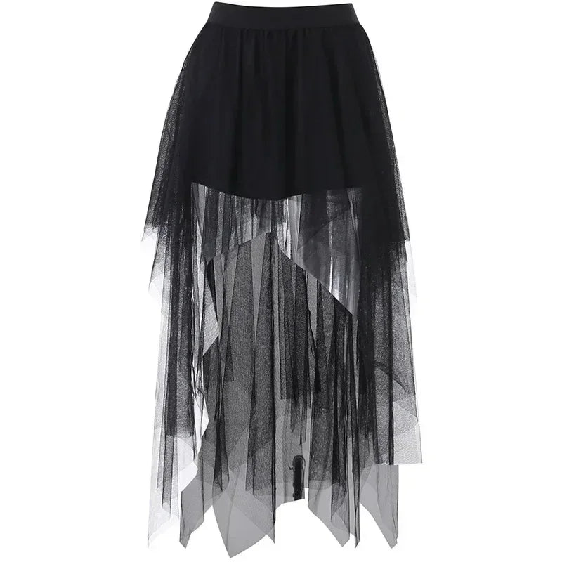 Casual Skirts Punk Sexy Net Yarn High-Waisted Irregular Skirt for Women Summer New European and American Gothic Style Versatile