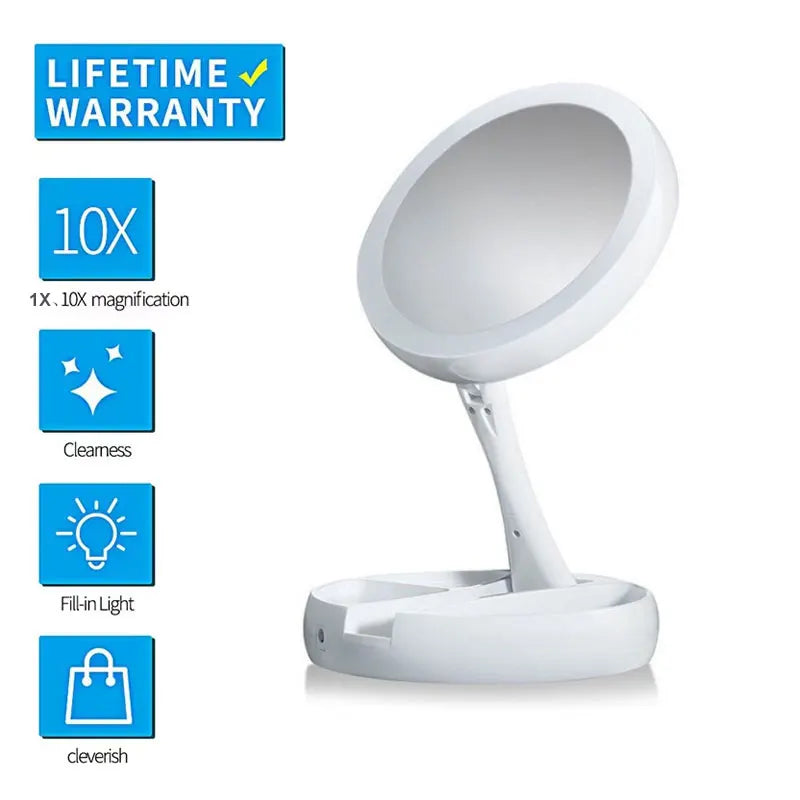 1X 10x Magnifying Vanity Mirror with LED Lighted Flexible Foldable Desk Makeup Mirror Lighting Dressing Makeup Lamp