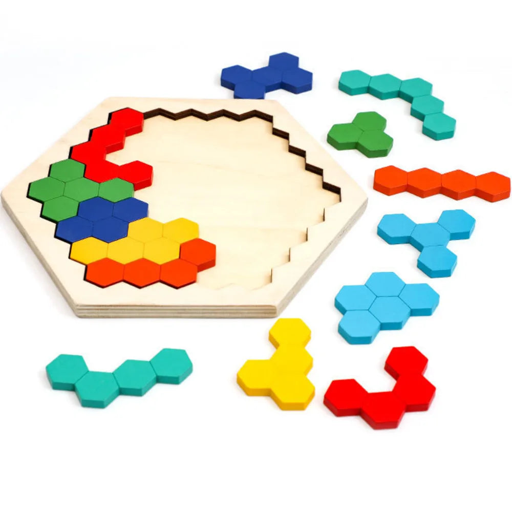 Hexagonal Wooden Puzzles, IQ Game Educational Toy for Children, Kids & Adults, Tangram Board IQ Brain Teaser, Montessori Gift Toy