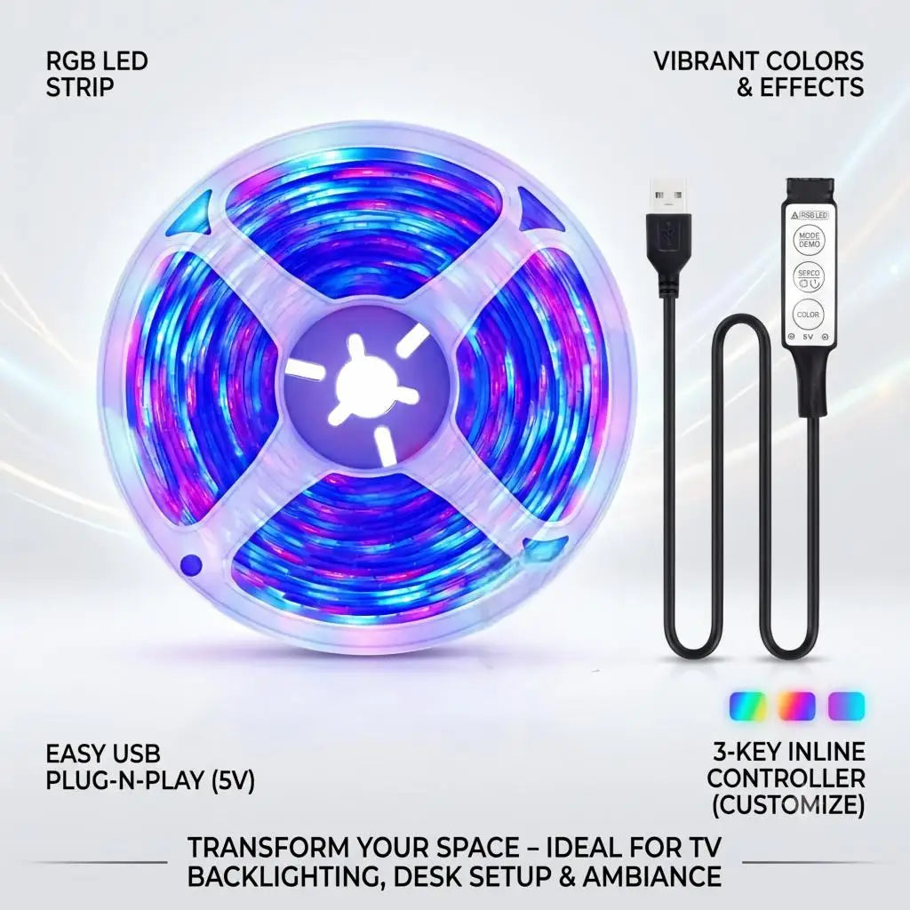 LED Strip Light 1m — USB, 3-Button Remote, RGB