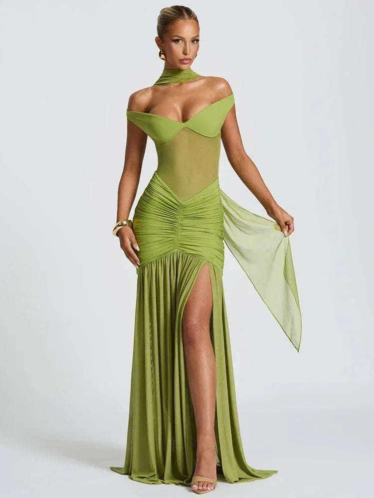 Mozision Off-shoulder Backless Sexy Maxi Dress Women Gown Halter Sleeveless Backless Thigh High Split Club Party Long Dress