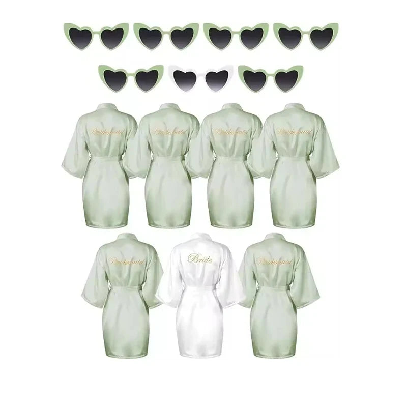 7 Pcs Bride Bridesmaid Robe Sets for Wedding Bridal Party Satin Robes Maid of Honor Robe with Heart Shaped Sunglasses