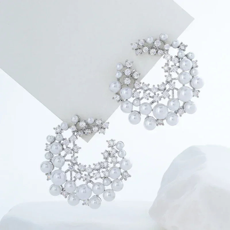 Vintage Rhinestone Firework Stud Earrings for Women Elegant Double Row Imitation Pearl Earring Girl Party Wedding Jewelry