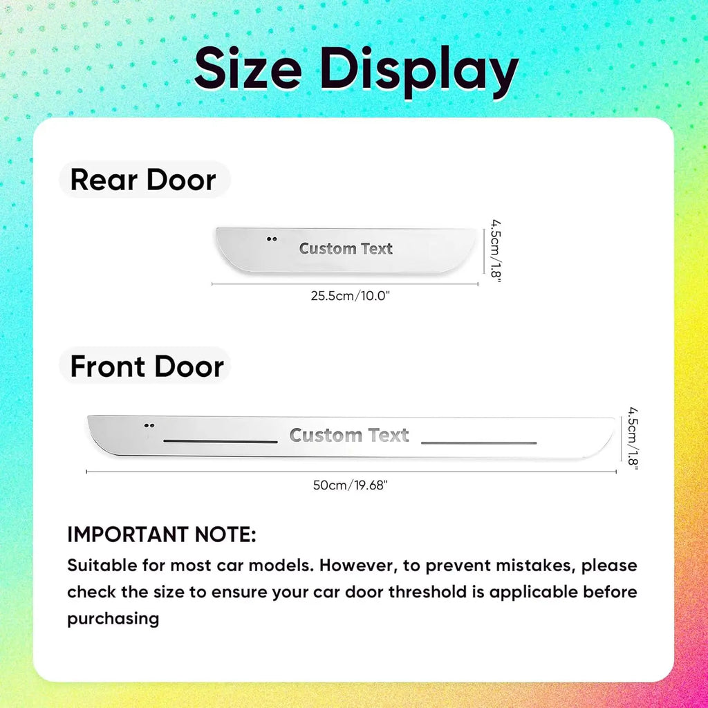Size display — rear door plate and front door plate dimensions