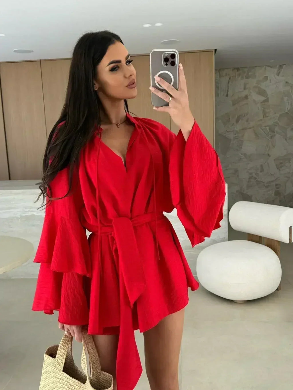Elegant Fold Dress Women Brown Deep V-neck Long Sleeve Mini Dresses Female 2025 Spring Summer Fashion Loose Lady Vestidos