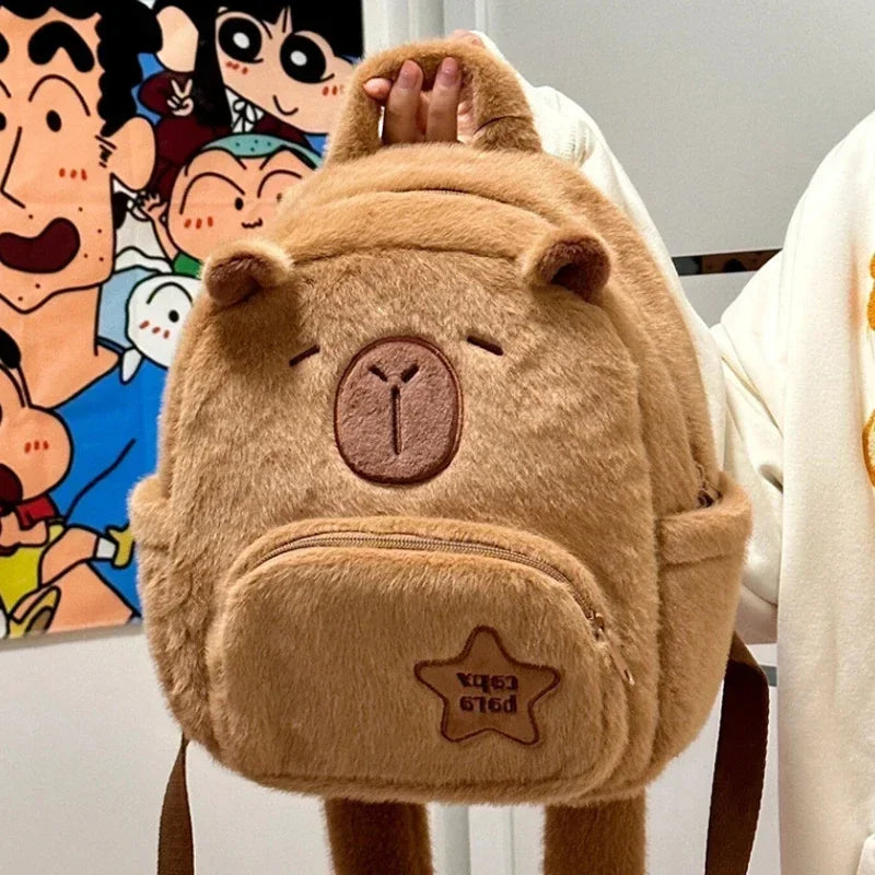 Capybara Plush School Backpack – Casual Fur Bag with Large Capacity and All-Match Design