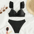 Sexy Black Ribbed Swimwear High Waisted Bikinis Sets 2026 Ruffled Swimsuit Cross Bandage Bathing Suit Brazilian Bikinis De Mujer