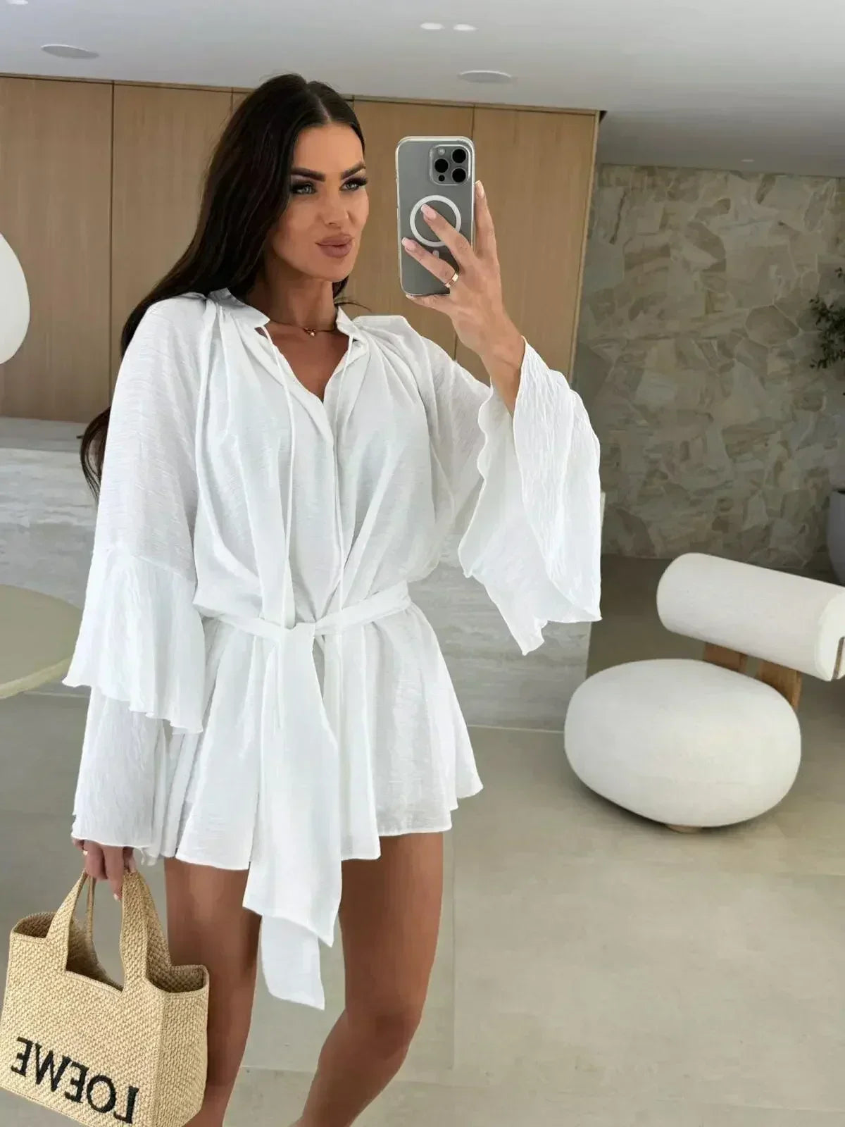 Elegant Fold Dress Women Brown Deep V-neck Long Sleeve Mini Dresses Female 2025 Spring Summer Fashion Loose Lady Vestidos