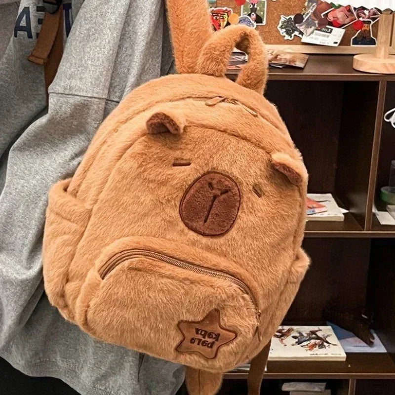 Capybara Plush School Backpack – Casual Fur Bag with Large Capacity and All-Match Design