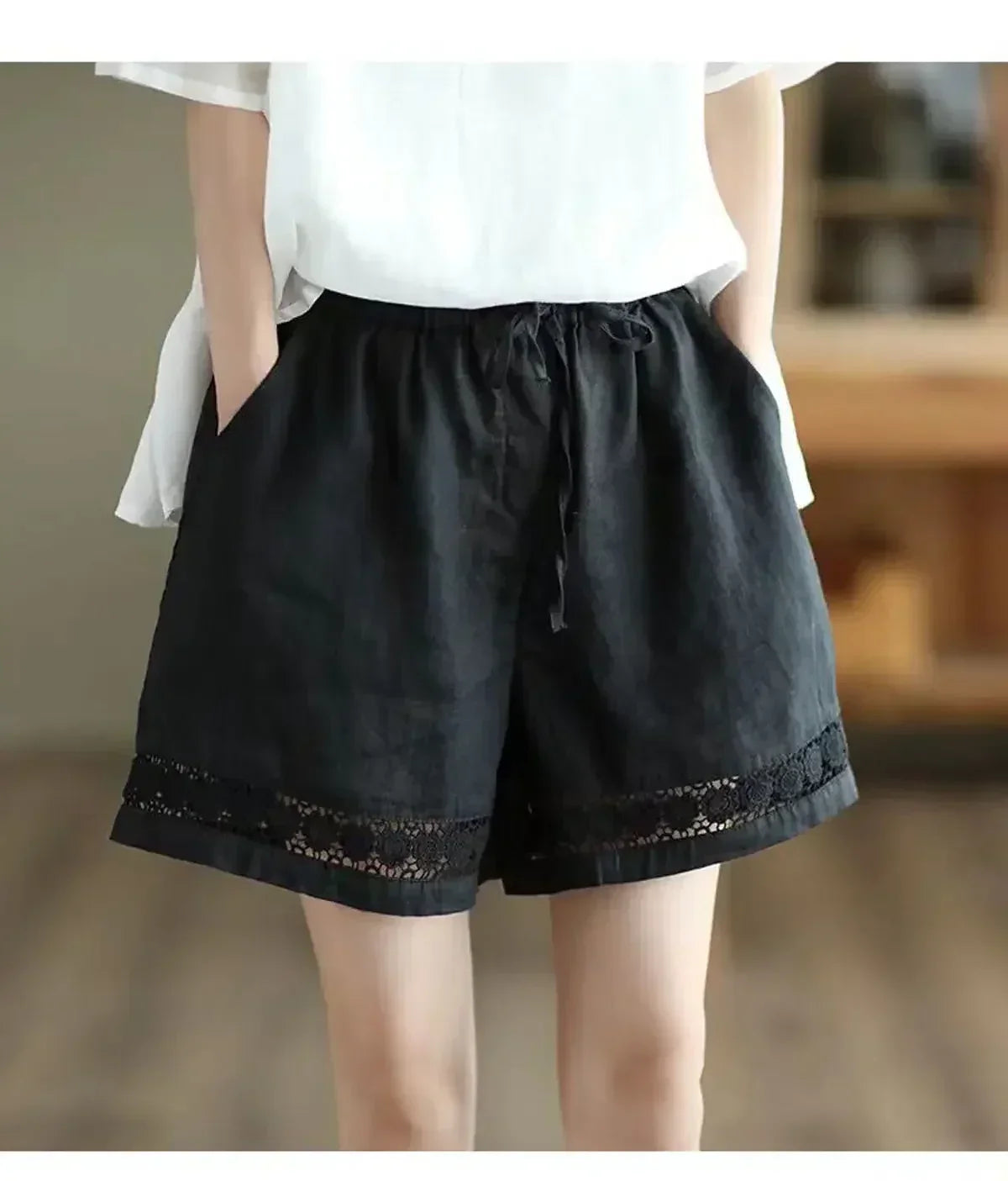Cotton Linen Vintage High-Waist Elastic New Style Tie-Belt Embroidered Hollow Casual Straight Shorts
