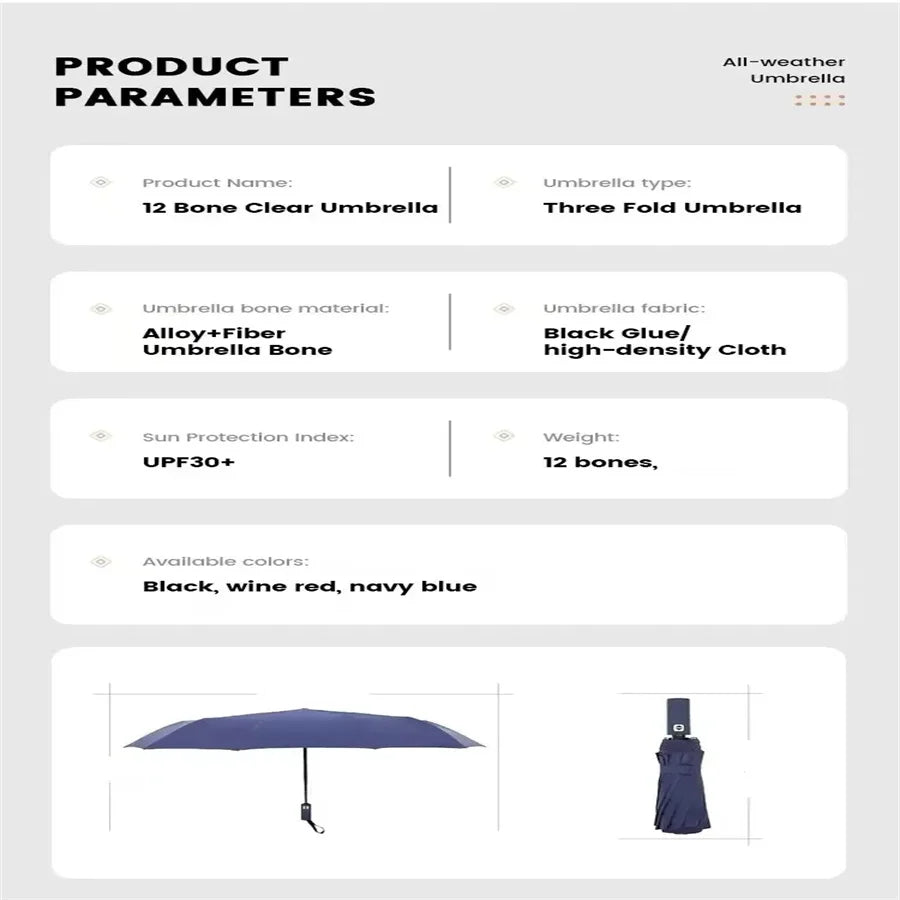 12 Bone Black Glue Fully Automatic Umbrella With Thick And Durable Keel Three Fold Umbrella UV Resistant Folding Umbrella