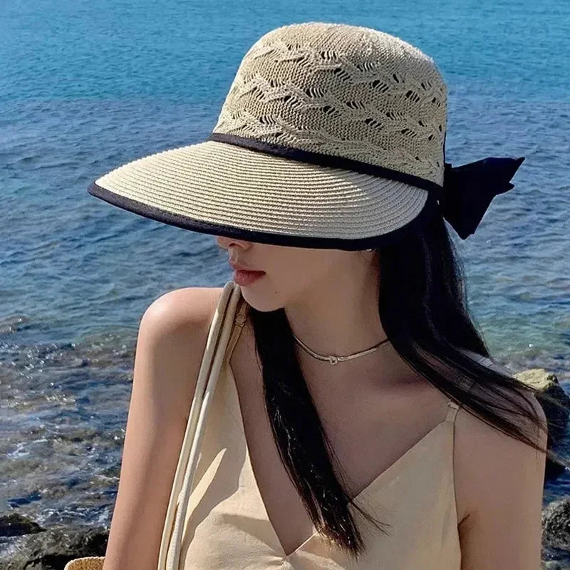 Women's Summer Straw Hat UV Protection Wide Brim | Breathable Bow Sun Hat Fashion Beach Accessory
