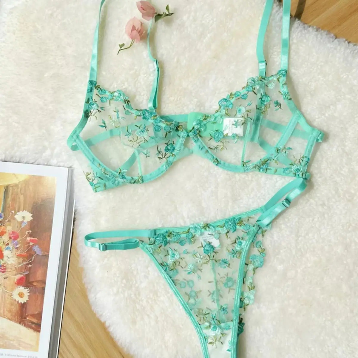 YUQI French Style Luxury Lingerie-Floral Embroidery Black Sheer Bra Set, Sensual Women's Intimates Elegant Transparent Underwear
