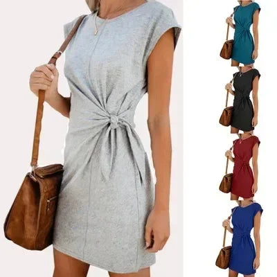 Dress Women Summer O-neck Short Sleeve Asymmetrical Lace Up Waist Solid Color Dresses 2022 Casual Vestidos Dropshipping JQMY9675