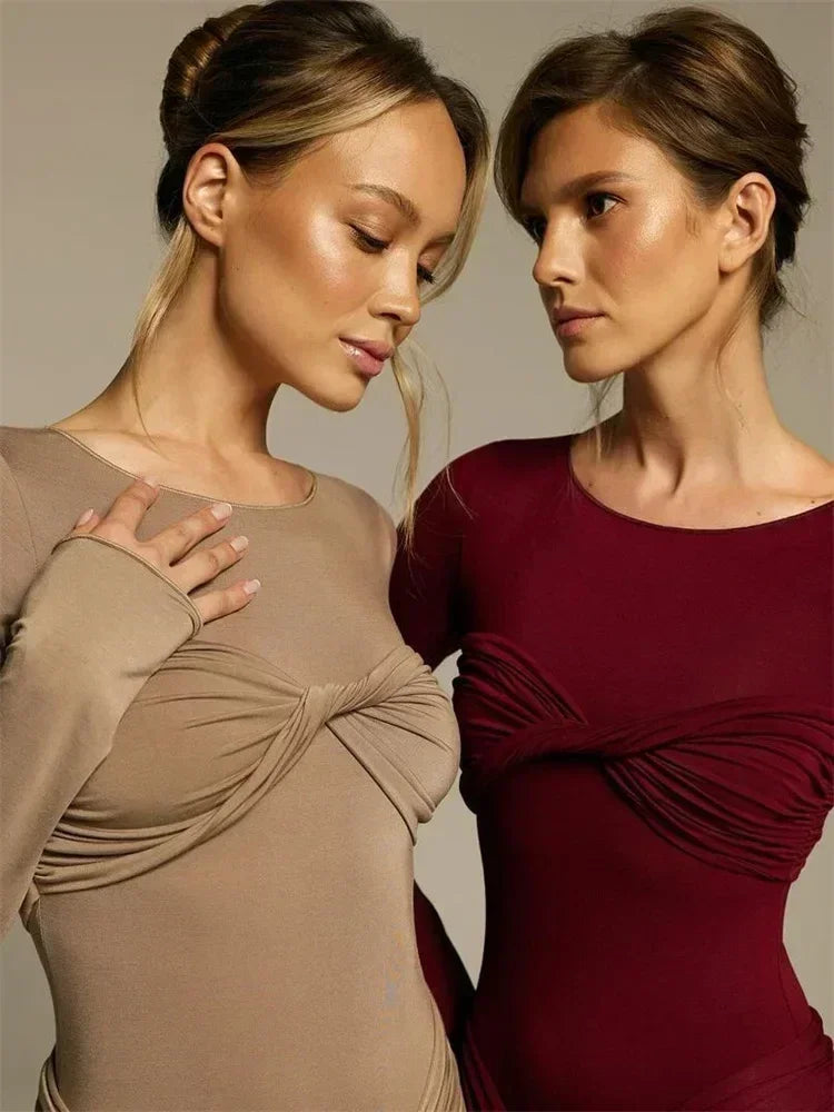 Tossy Female Pleated Sexy Maxi Dress Patchwork Twist Slim Long Sleeve Solid Y2k Autumn Streetwear Dress Women's Bodycon Dress
