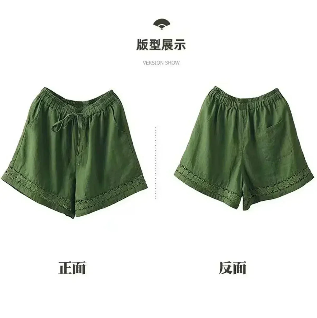 Cotton Linen Vintage High-Waist Elastic New Style Tie-Belt Embroidered Hollow Casual Straight Shorts