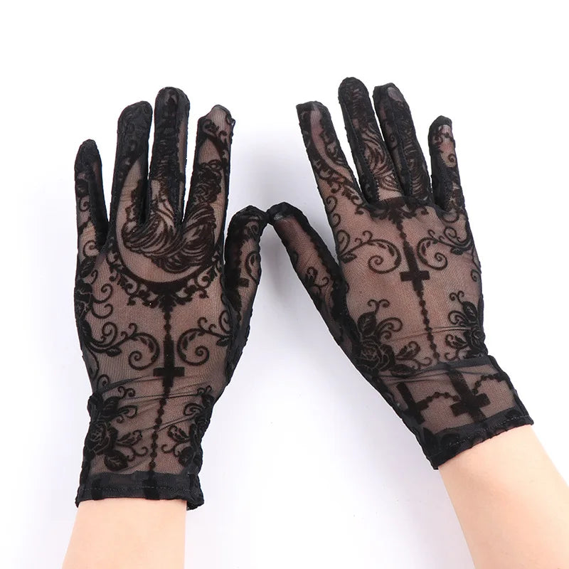 Black Lace Skeleton Gloves, Gothic Halloween Costume