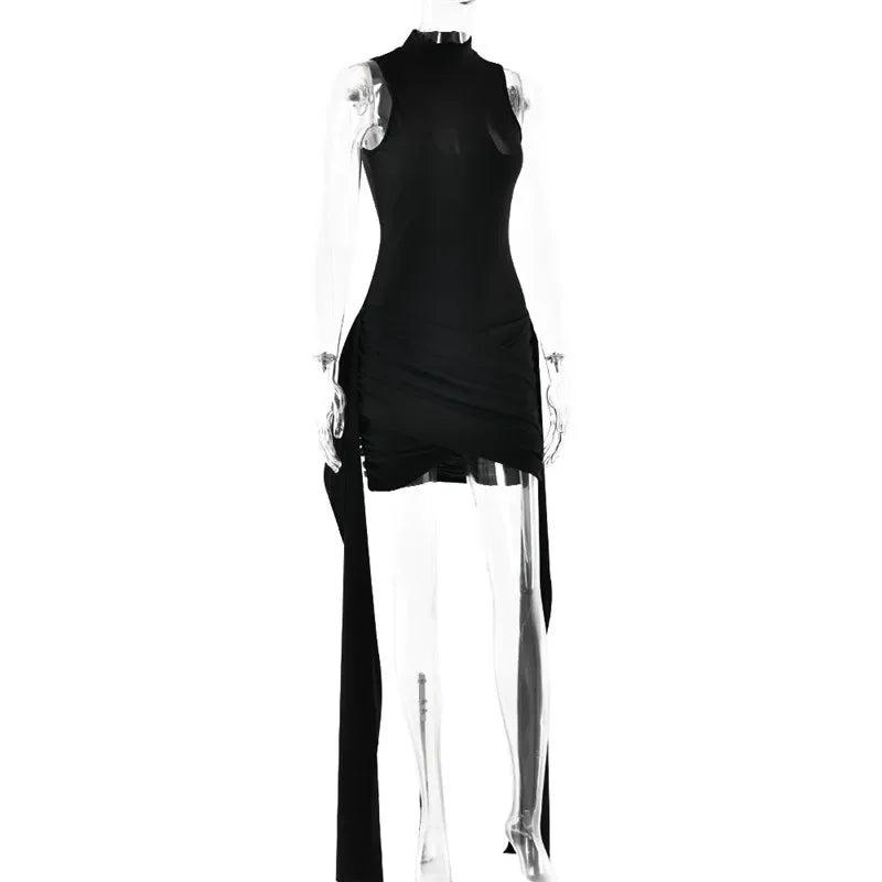 Turtleneck Sleeveless Mini Dress | Ruched Asymmetrical Party Dress - Femstylo