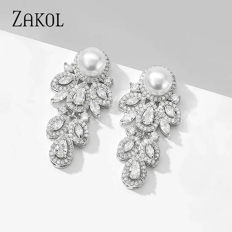 ZAKOL New Fashion CZ Zirconia Crystal Leaf Dangel Earrings for Women Luxury Bridal Wedding Party Jewelry