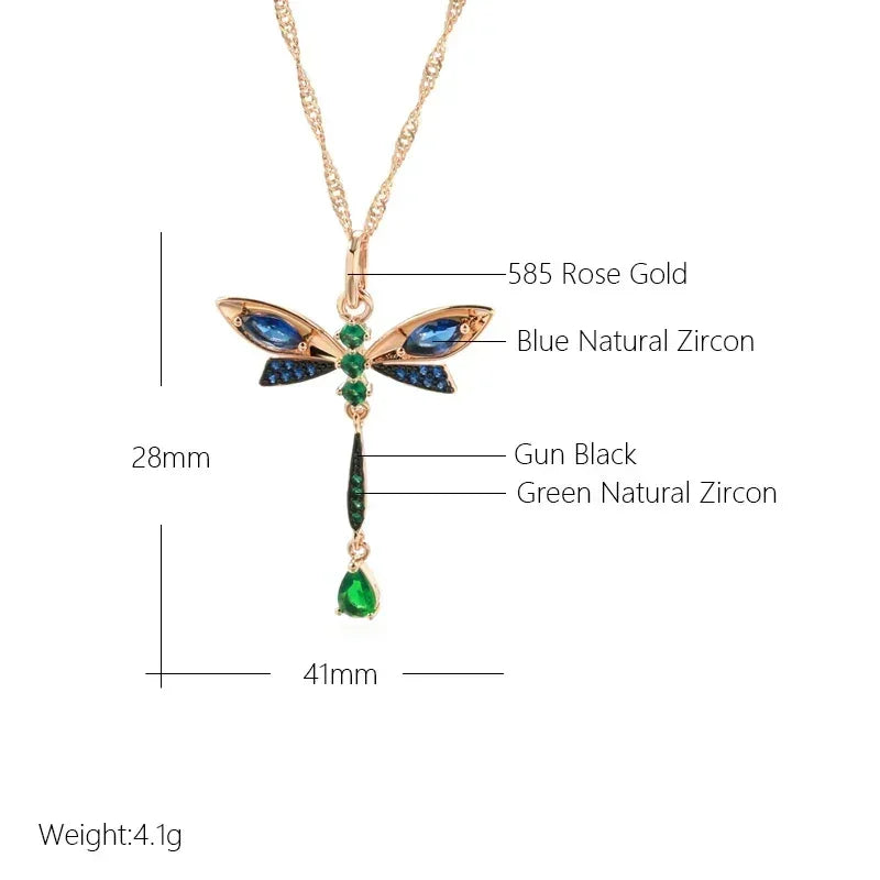 Kinel Hot Blue Natural Zircon Dragonfly Pendant Necklace For Women 585 Rose Gold and Black Plating Vintage Daily Fine Jewelry