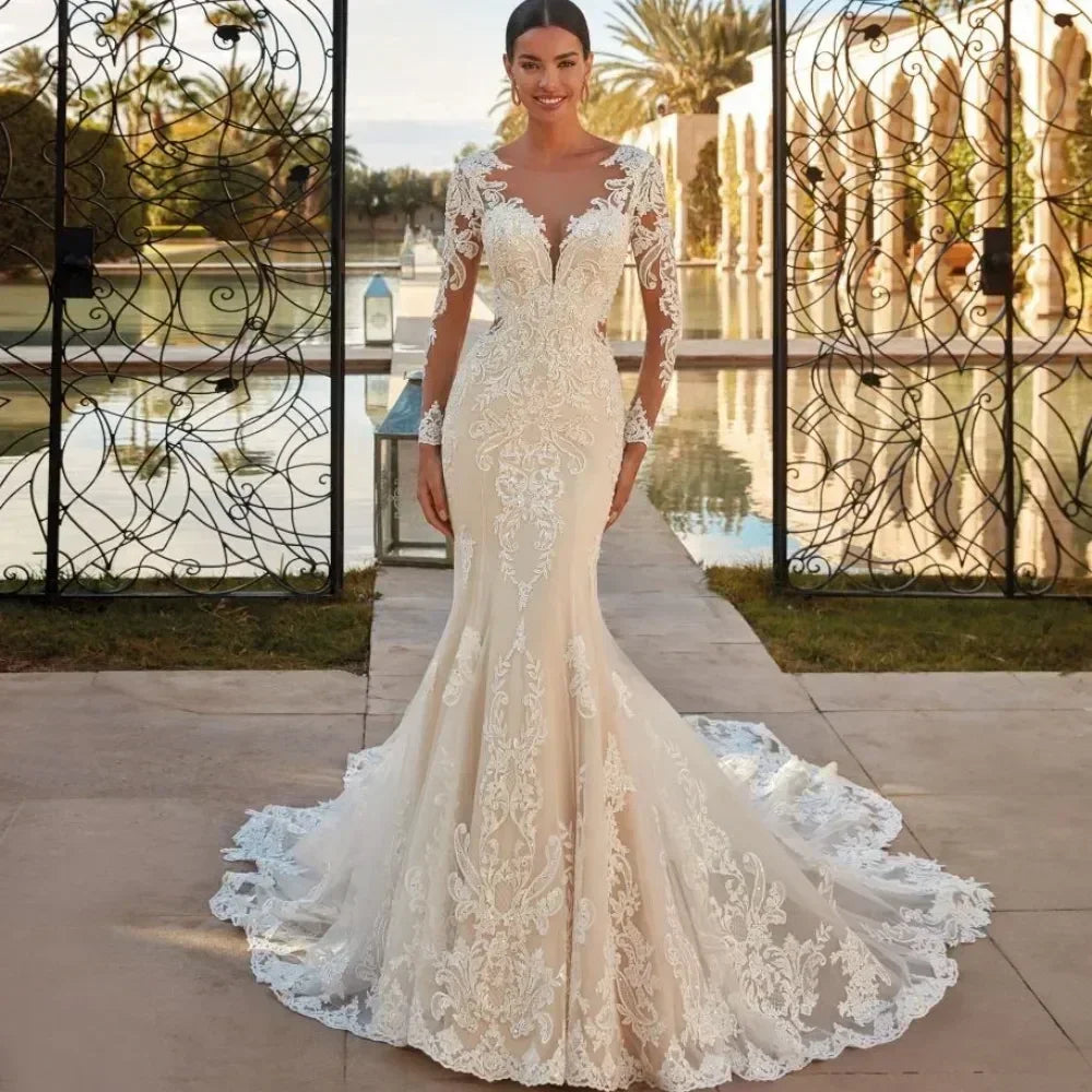 Boho Mermaid Wedding Dress - Long Sleeve Lace Gown Customizable | Femstylo
