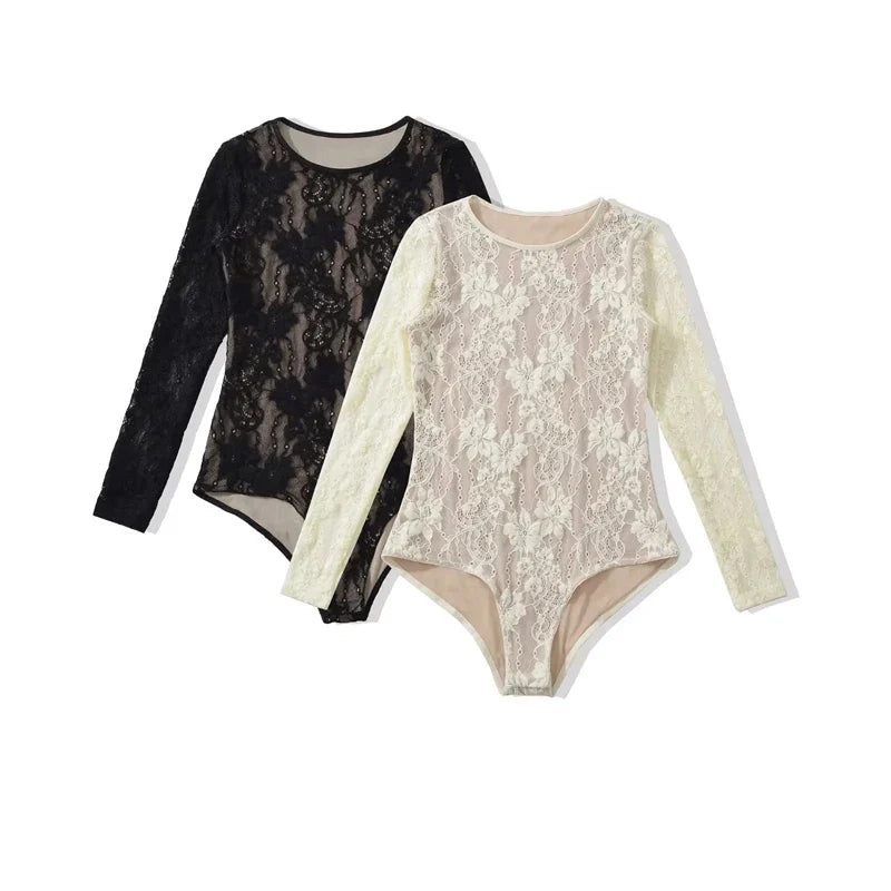 Women's Crew Neck Double Layer Long Sleeved Lace Bodysuit