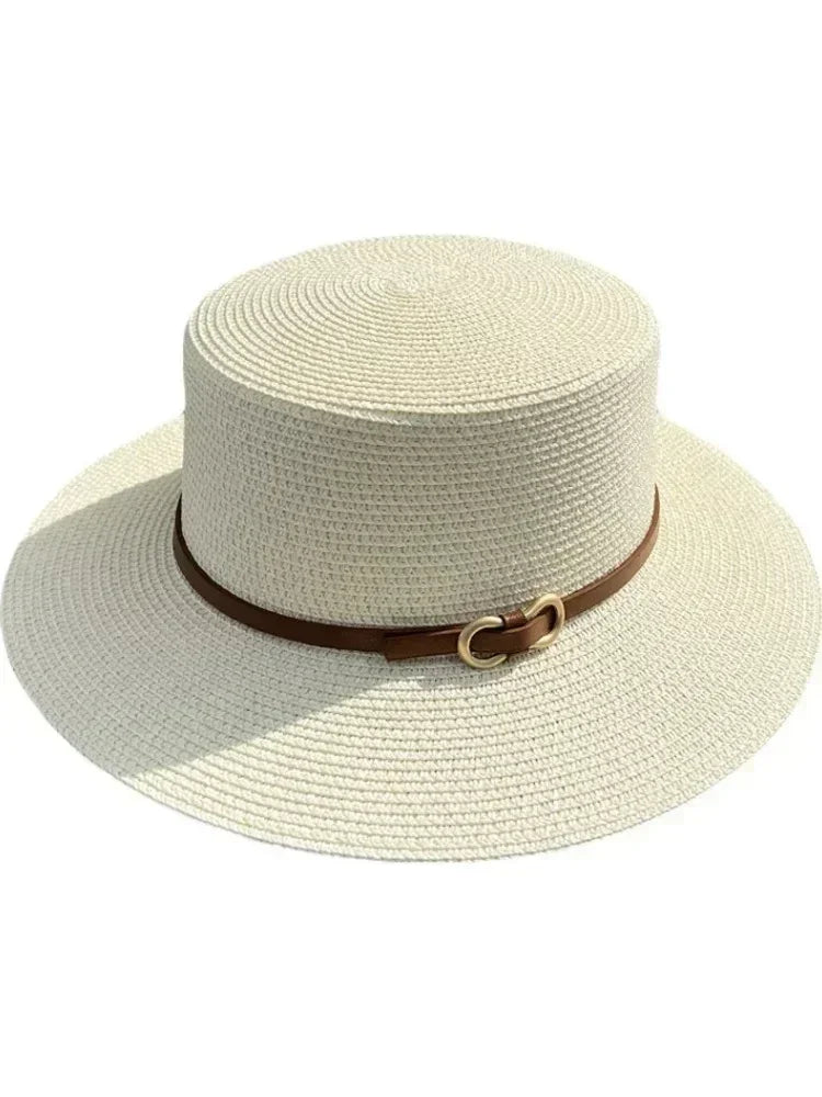 Simple Straw Summer Women Beach Hat Female Casual Panama Hat Women Flat Brim Bowknot Straw Cap Girls Sun Hat