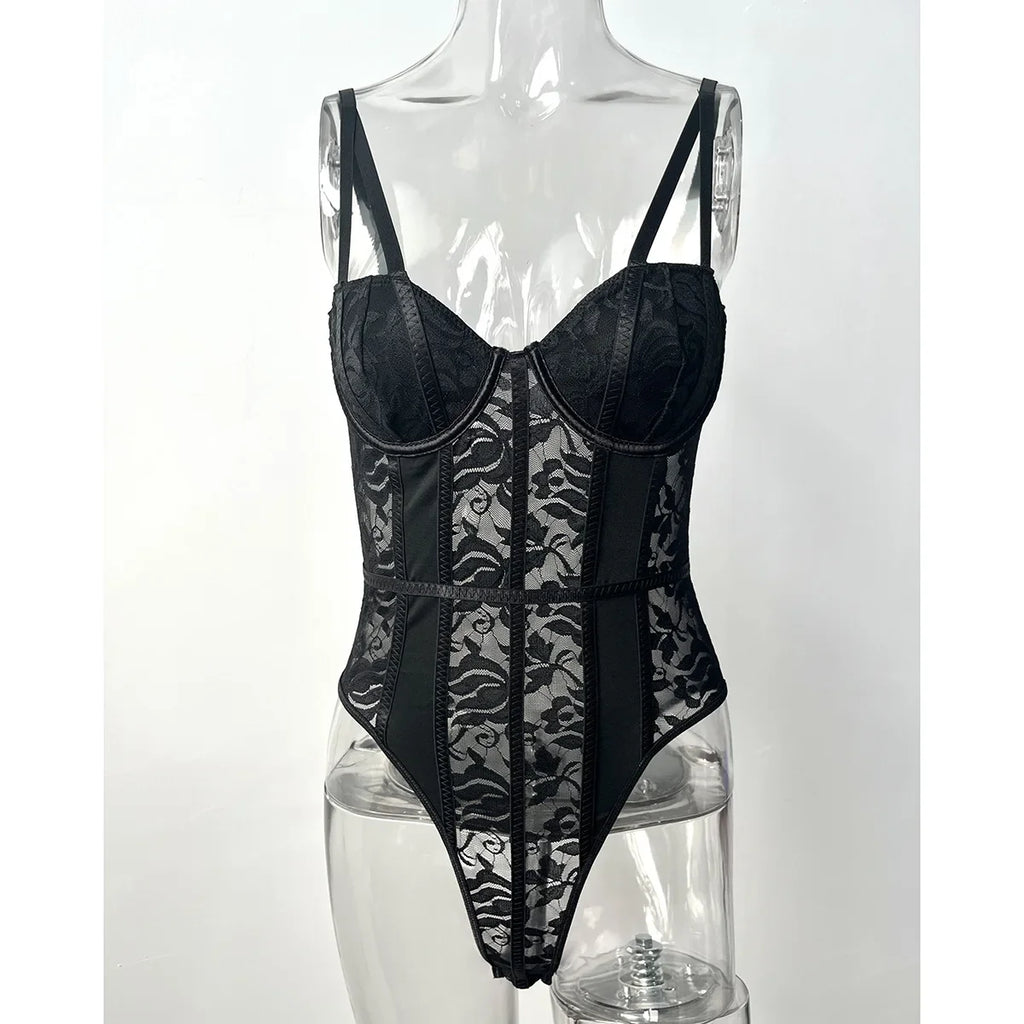 Lace Bodysuit for Women Sexy Bodies Elegant Women's Top 2025 Autumn New Solid Bodycon Ribbed Bodysuits
