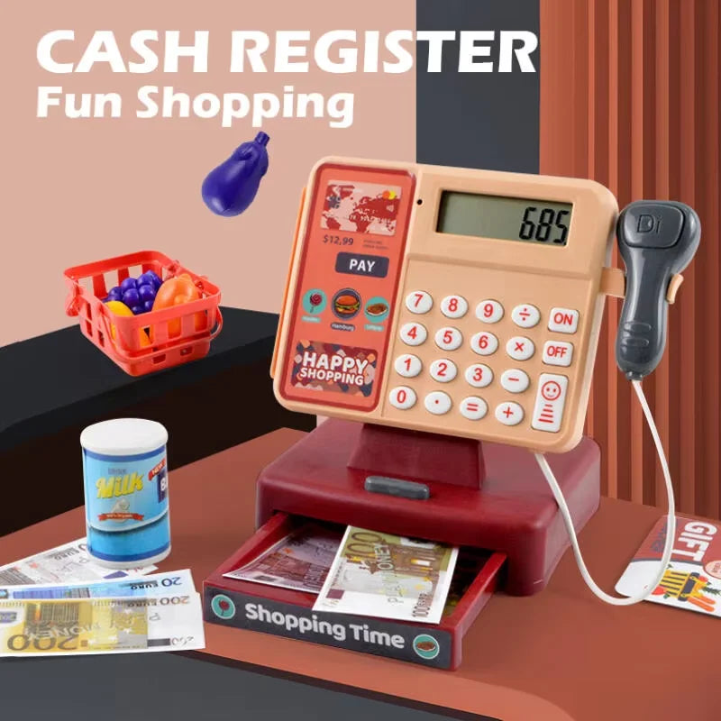Kids Cash Register Playset with Scanner, Lights & Sounds — Pretend Supermarket Toy with Play Money & Cards