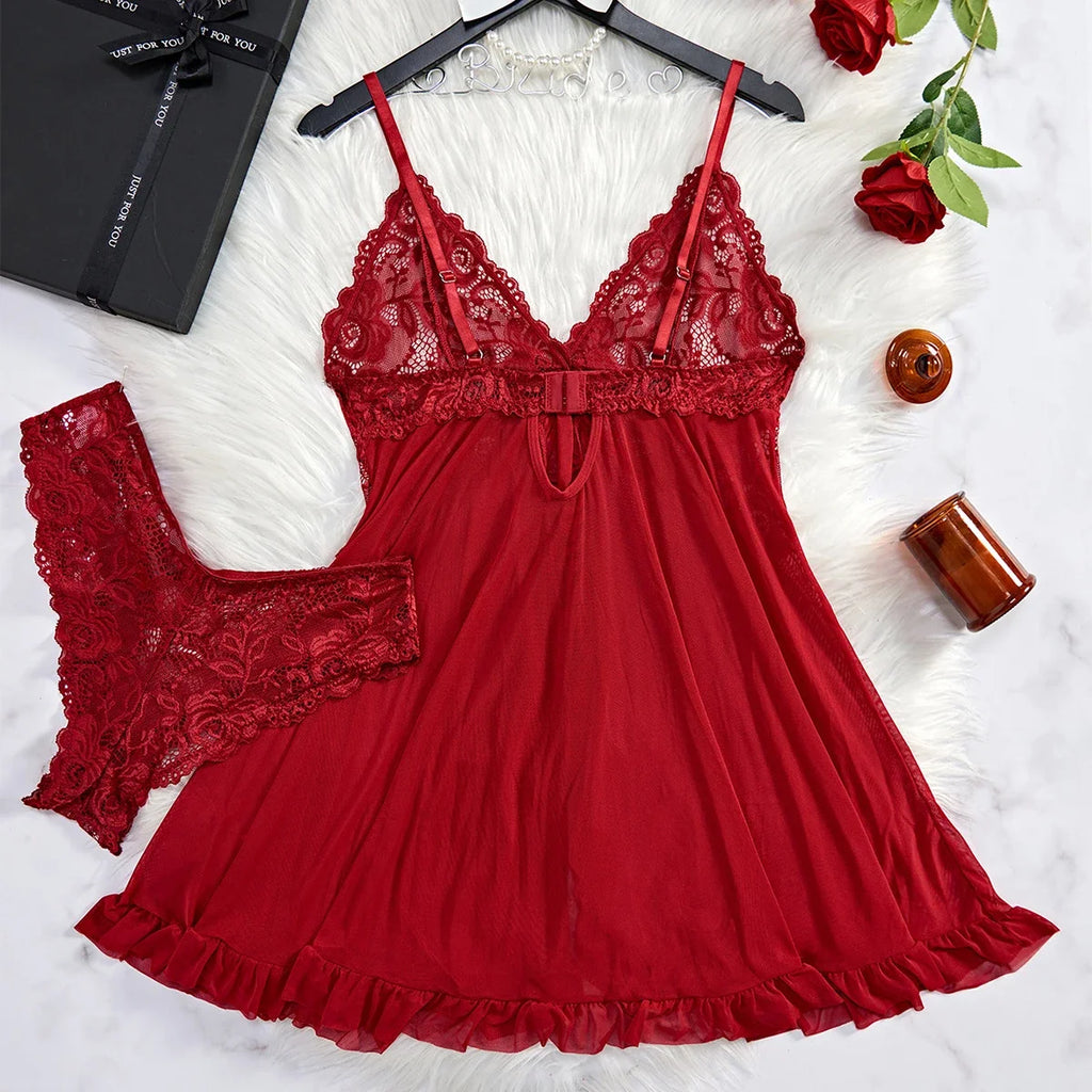 Tulle Ultra Sexy Nightgown V-neck Bra Open Sleep Skirt Night Erotic Dress Woman Sheer Pajamas Lingerie Thongs Luxury Kit