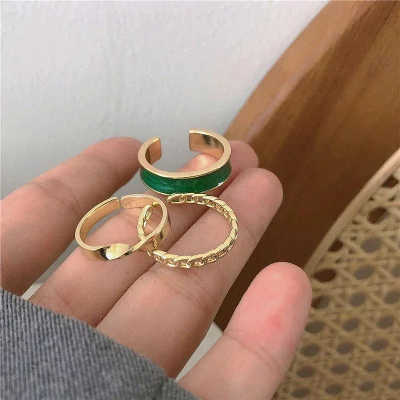 3pcs/set Adjustable Open Rings for Women White Green Enamel Oil Twists Weaving Geometry Ring Set Trendy Punk Personality Jewelry