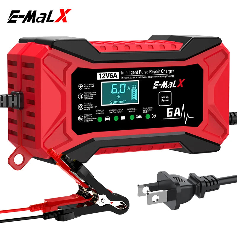 12V 6A smart battery charger with pulse repair — red, front view with LCD display, battery clamps and US plug