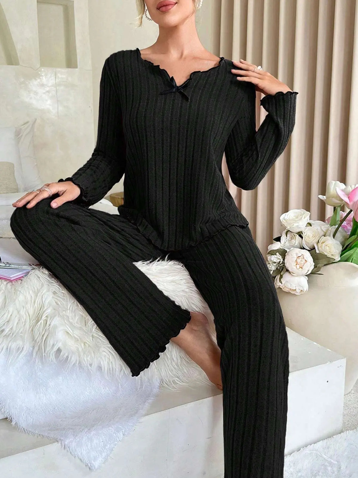 Flannel Warm Sleepwear Women Casual Pajamas Set Long Sleeve T-shirt Top and Trousers Set Homewear Autumn Winter Loungewear