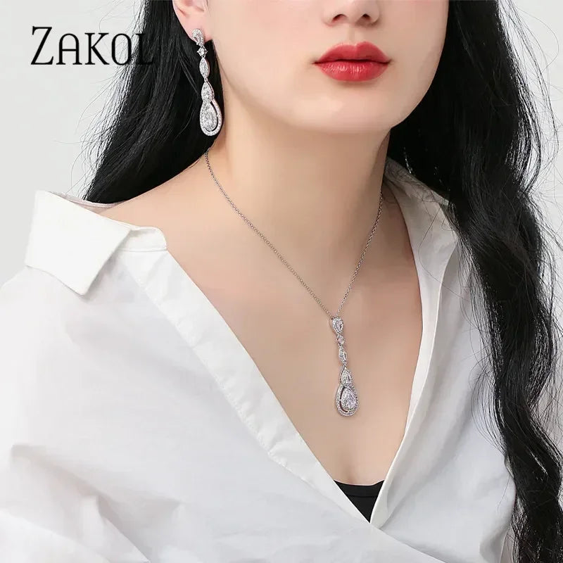 ZAKOL Luxury Water Drop Cubic Zircon Long Dangle Earrings for Women Bridal Wedding Jewelry Dress EP2114