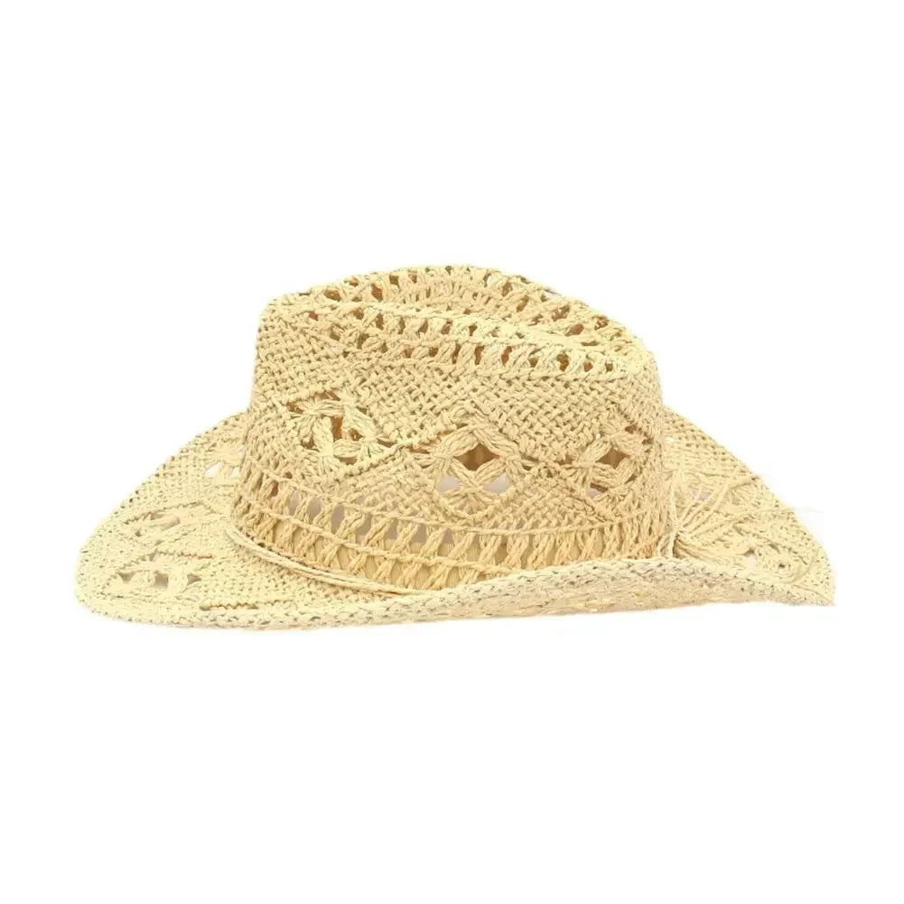 Summer Outdoor Men Women Hand-woven Western Cowboy Straw Hats Wide Brim Breathable Beach Jazz Cap Sun Protection Hat