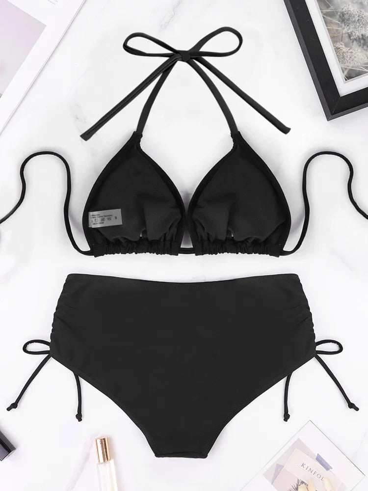 2 Pcs/Set Women's Bikini Split Set Summer Leisure Vacation Style Hanging Neck Bareback Strap Bikini Set Beach Women's Swimsuit