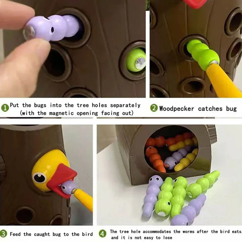 Magnetic Woodpecker Worm Catching Game - Montessori Wooden Feeding Toy for Toddlers & Preschoolers