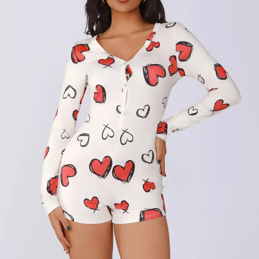 Ladies one-piece bodysuit sexy hot girl pajamas heart digital print short-sleeved set shorts home wear